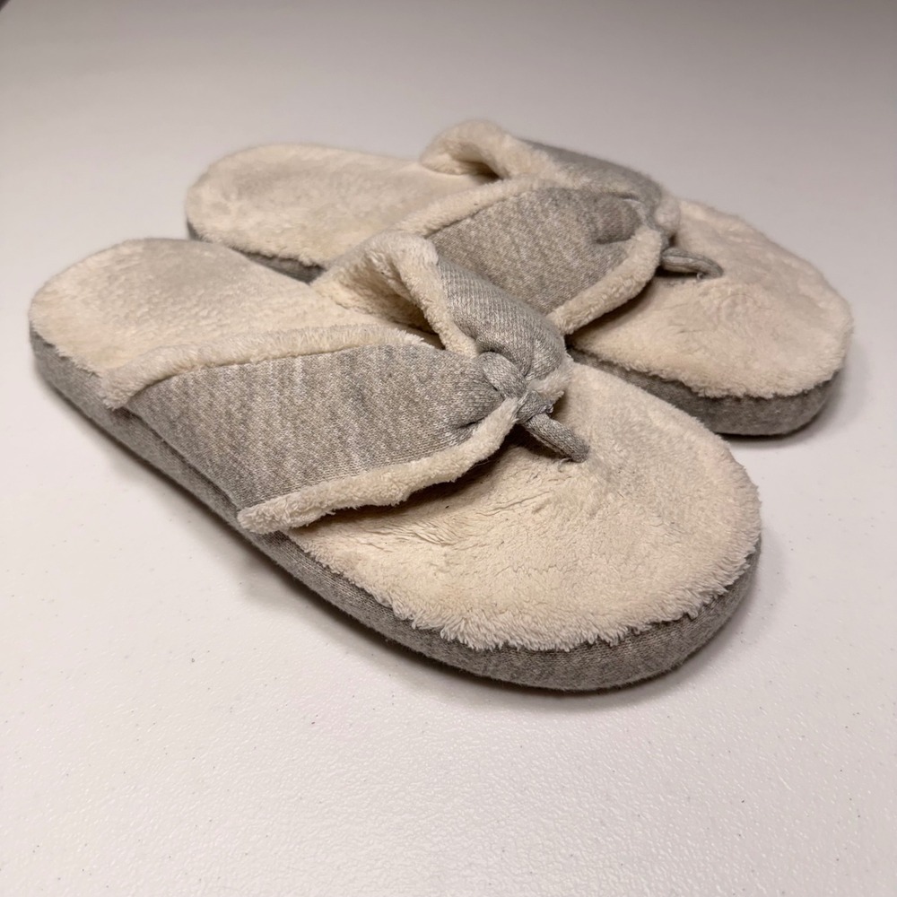 Dearfoams Heather Gray Jersey Faux Fur Thong Slippers Women's Medium 7-8